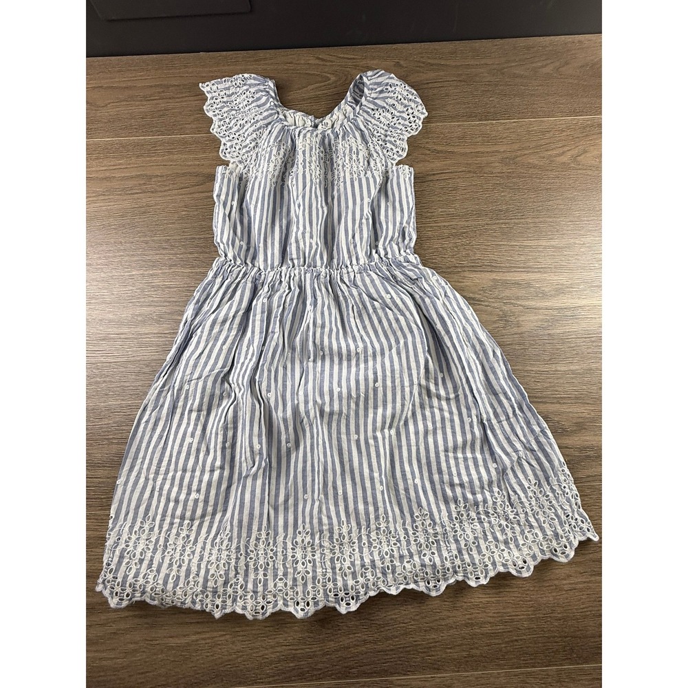 Gap Kids Girls Blue White Striped Eyelet Lace Flutter Sleeve Dress XL Preppy